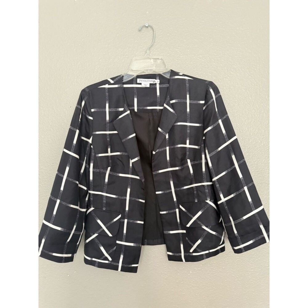 Pendleton 100% Silk Blazer Jacket Black White Grid Windowpane Minimalist Size 6